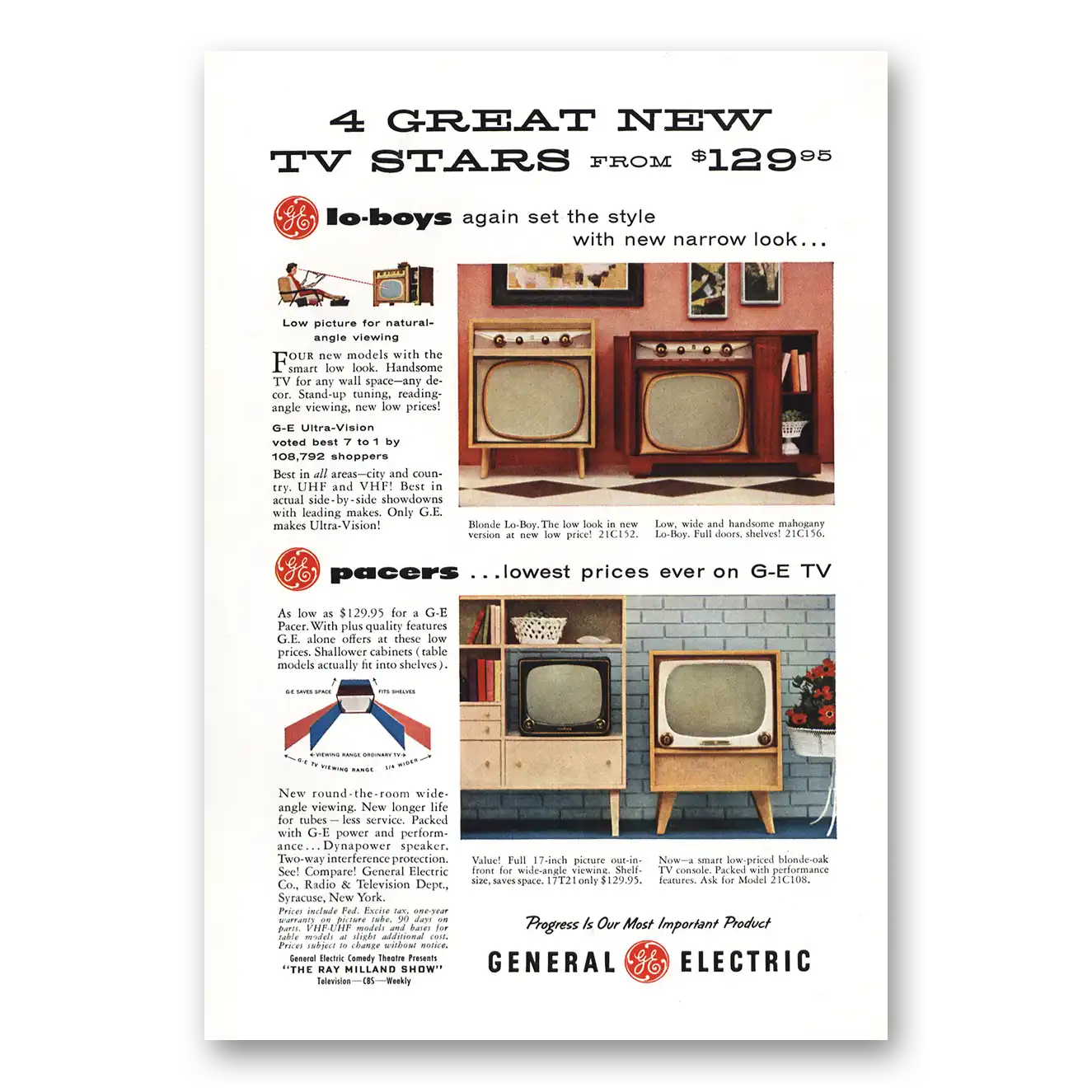 1955 General Electric Television TV Stars Lo Boys Vintage Magazine Print Ad