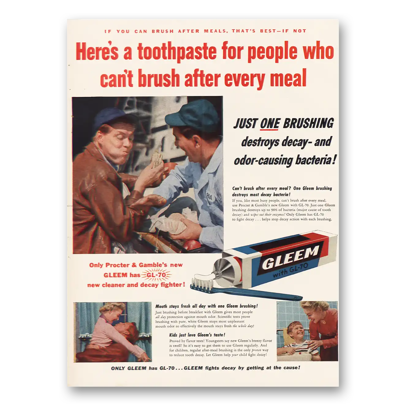 1955 Gleem Toothpaste Cant Brush After Every Meal Vintage Magazine Print Ad