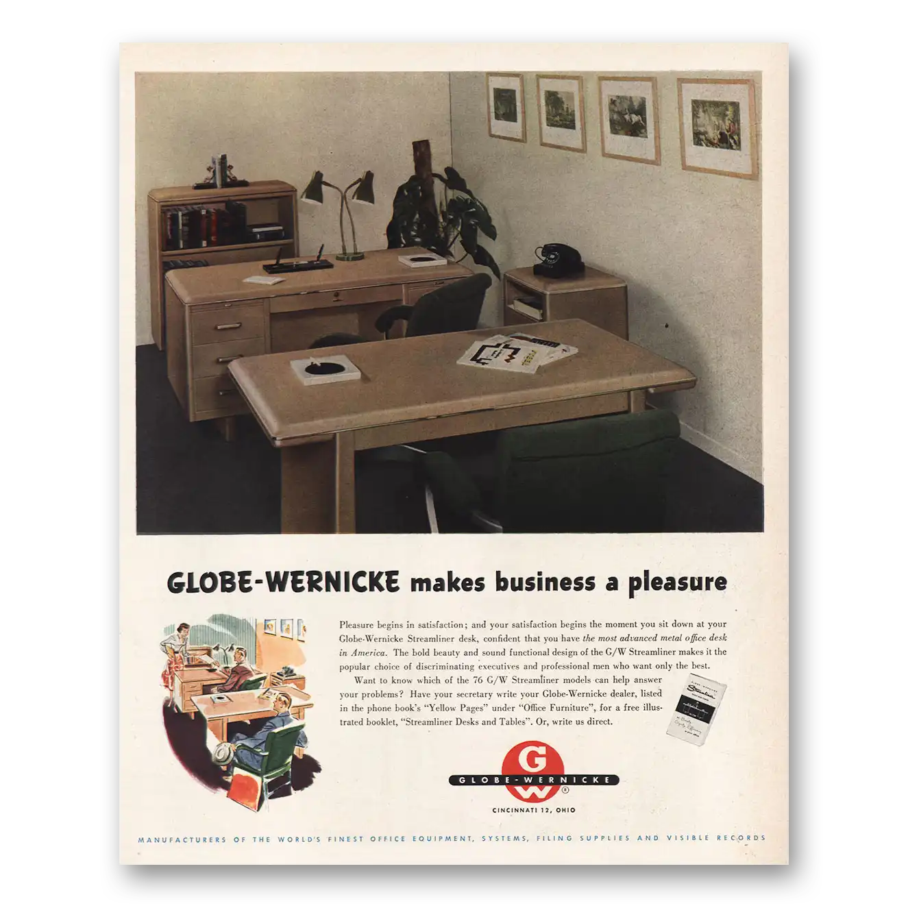 1956 Globe Wernicke Makes Business a Pleasure Vintage Magazine Print Ad