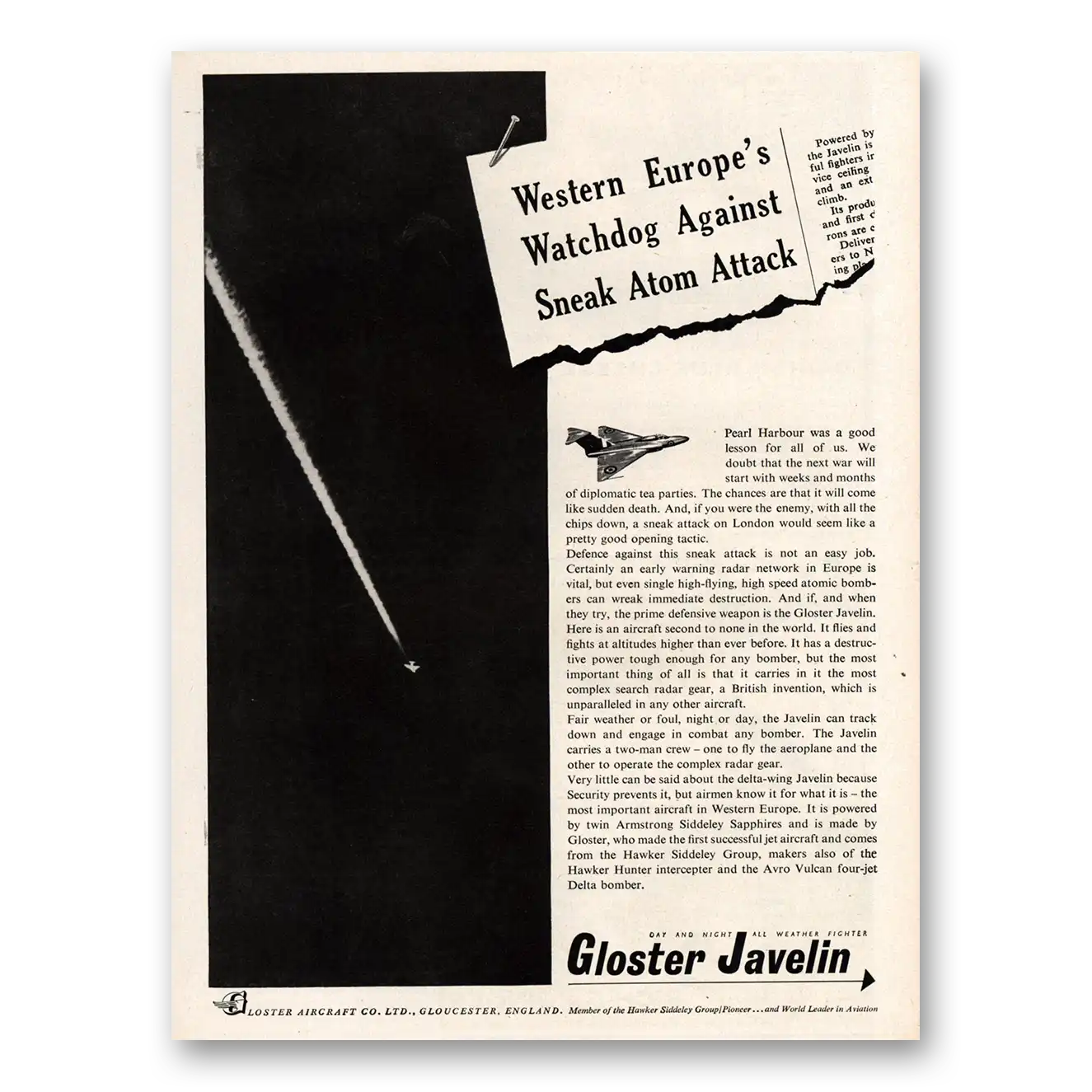 1955 Gloster Aircraft Javelin Watchdog Against Sneak Atom Attack Vintage Magazine Print Ad