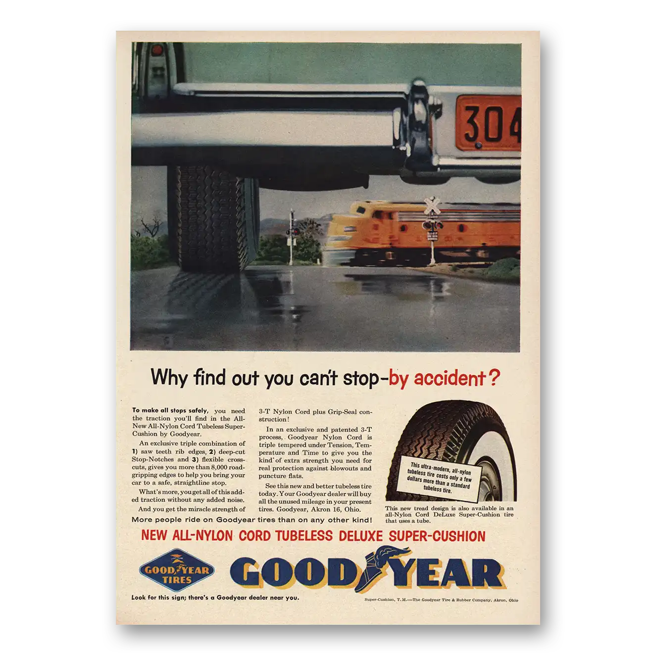 1955 Goodyear Tires Cant Stop By Accident Vintage Magazine Print Ad