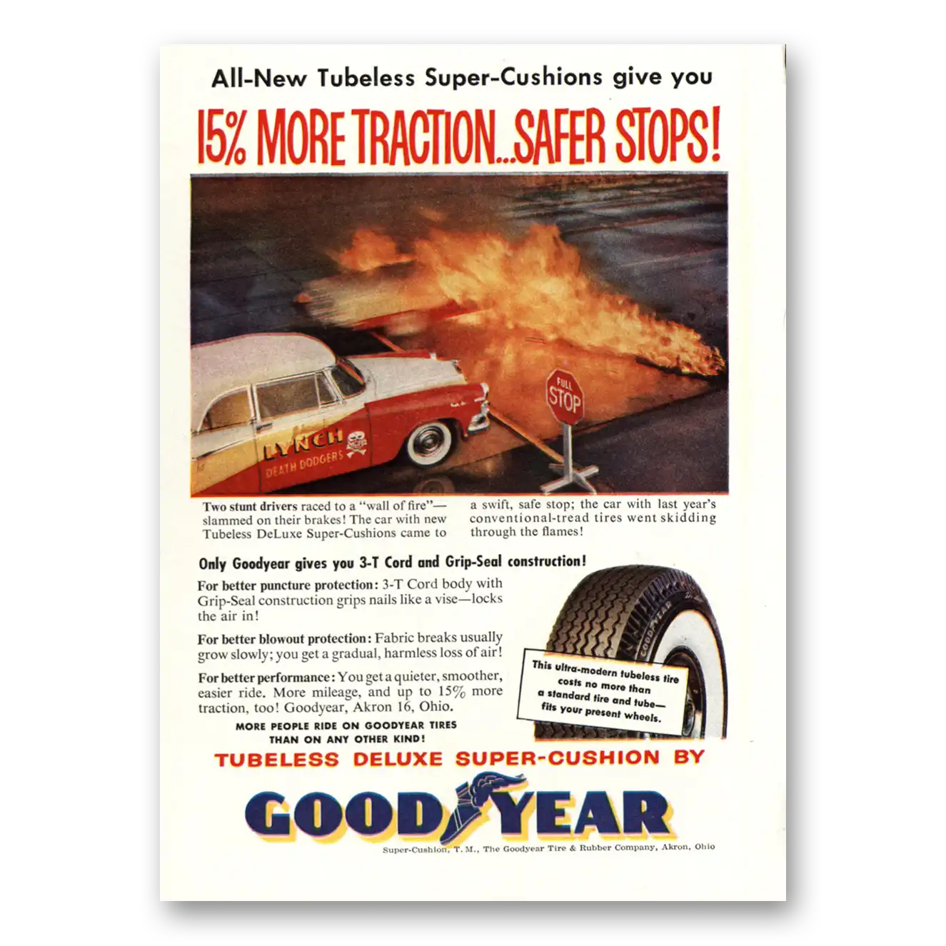 1955 Goodyear Tires More Traction Safer Stops Vintage Magazine Print Ad