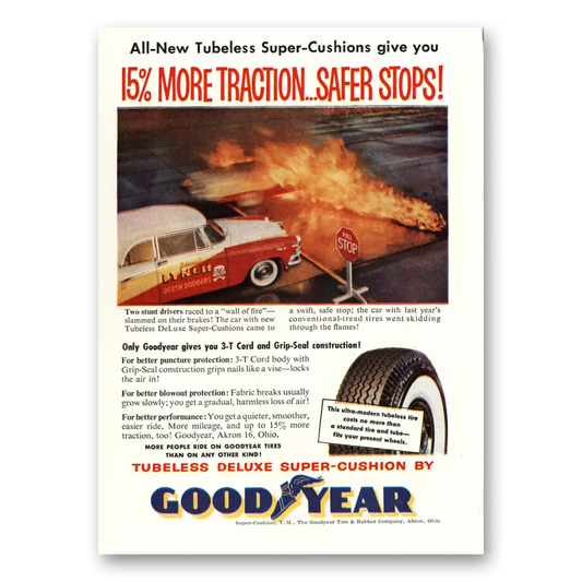 1955 Goodyear Tires More Traction Safer Stops Vintage Magazine Print Ad