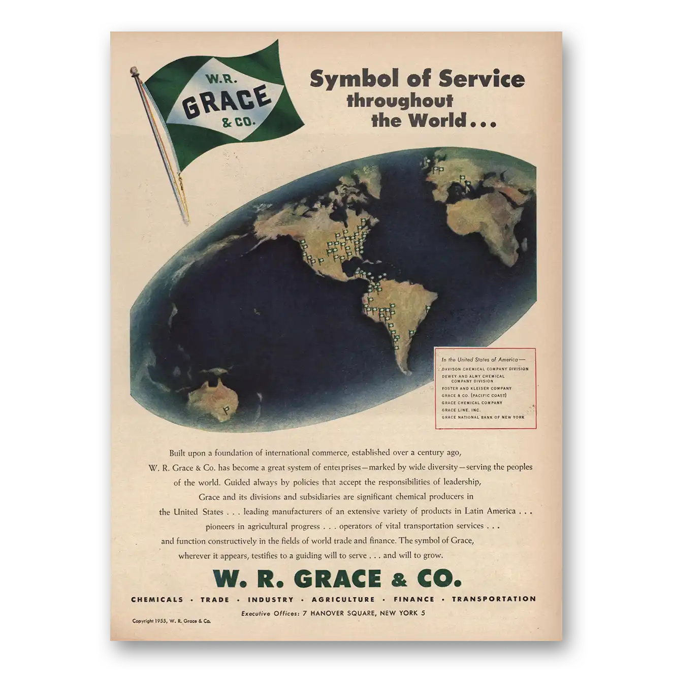 1955 Grace Line Symbol of Service Vintage Magazine Print Ad