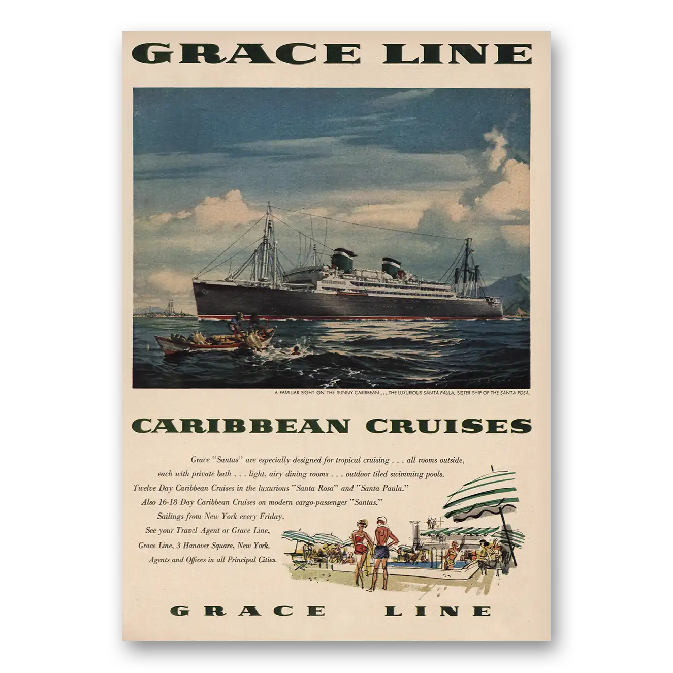 1955 Grace Line Santa Paula Caribbean Cruises Vintage Magazine Print Ad