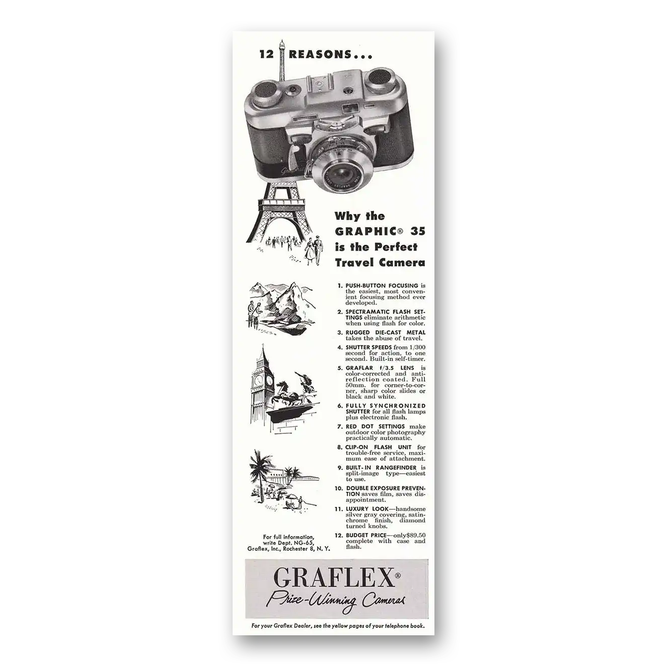 1955 Graflex Graphic 35 Camera Perfect Travel Camera Vintage Magazine Print Ad