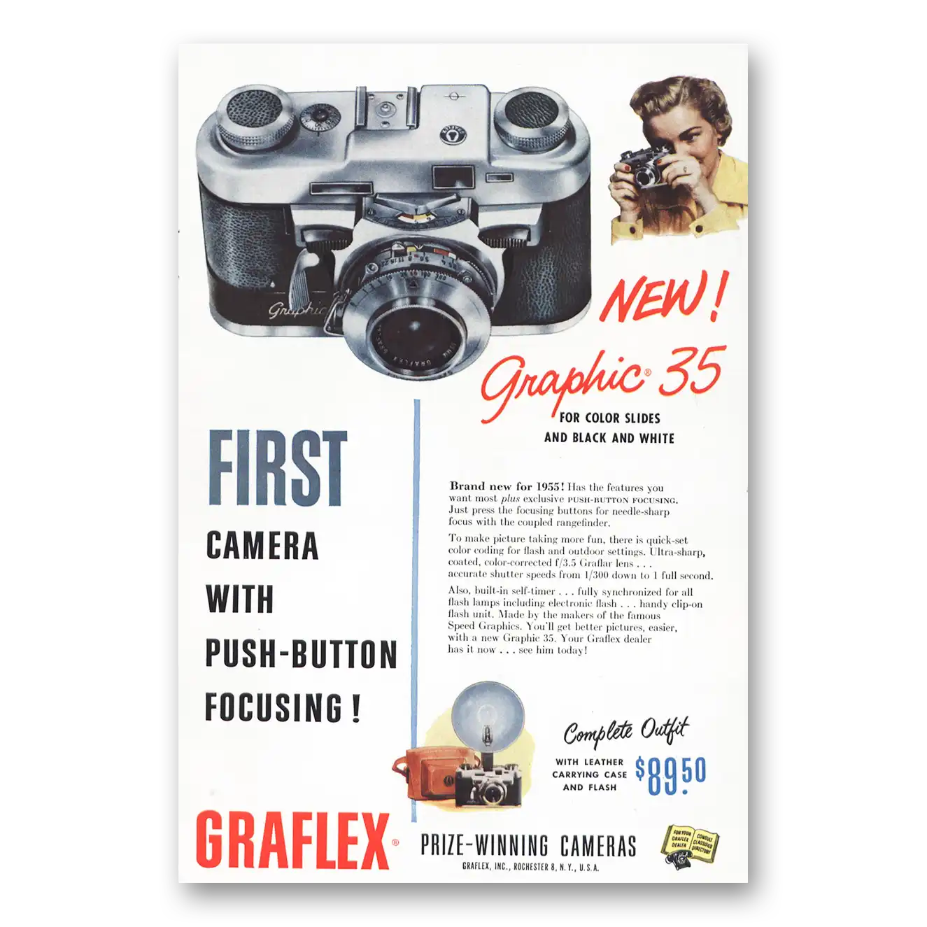 1955 Graflex Graphic 35 Camera First Camera with Push Button Vintage Magazine Print Ad