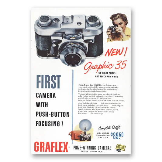 1955 Graflex Graphic 35 Camera First Camera with Push Button Vintage Magazine Print Ad