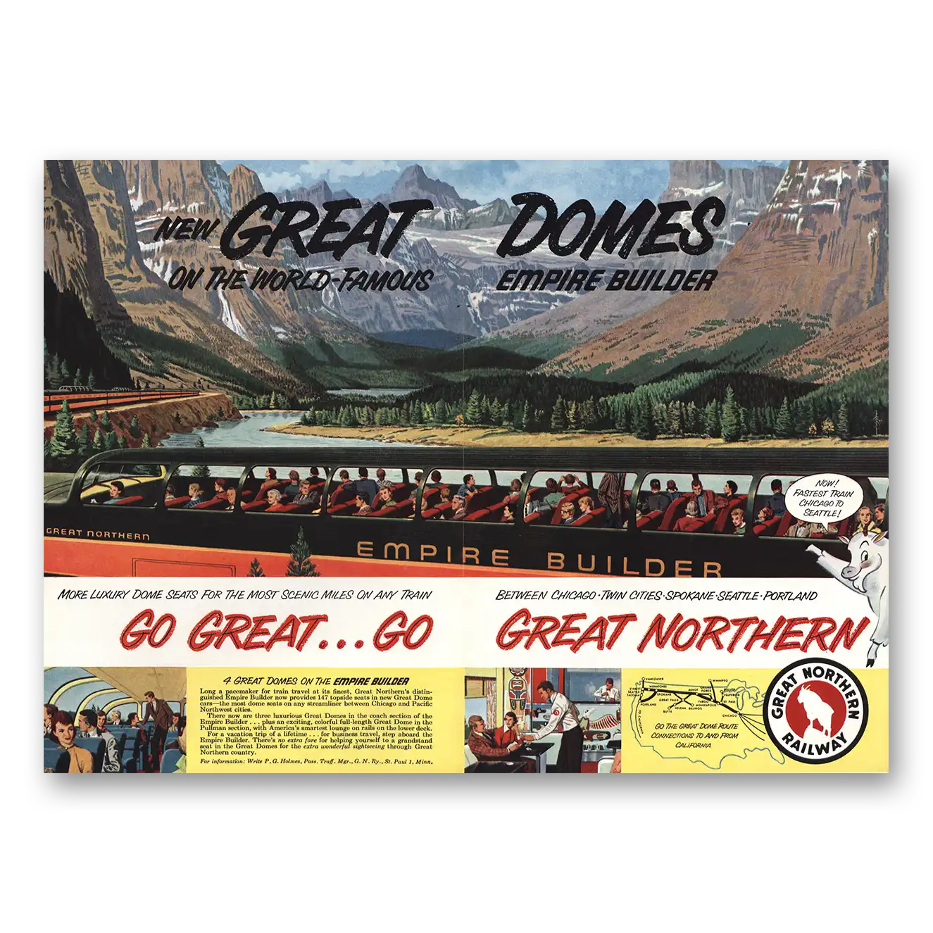 1955 Great Northern Railway Great Domes World Famous Empire Builder Vintage Magazine Print Ad