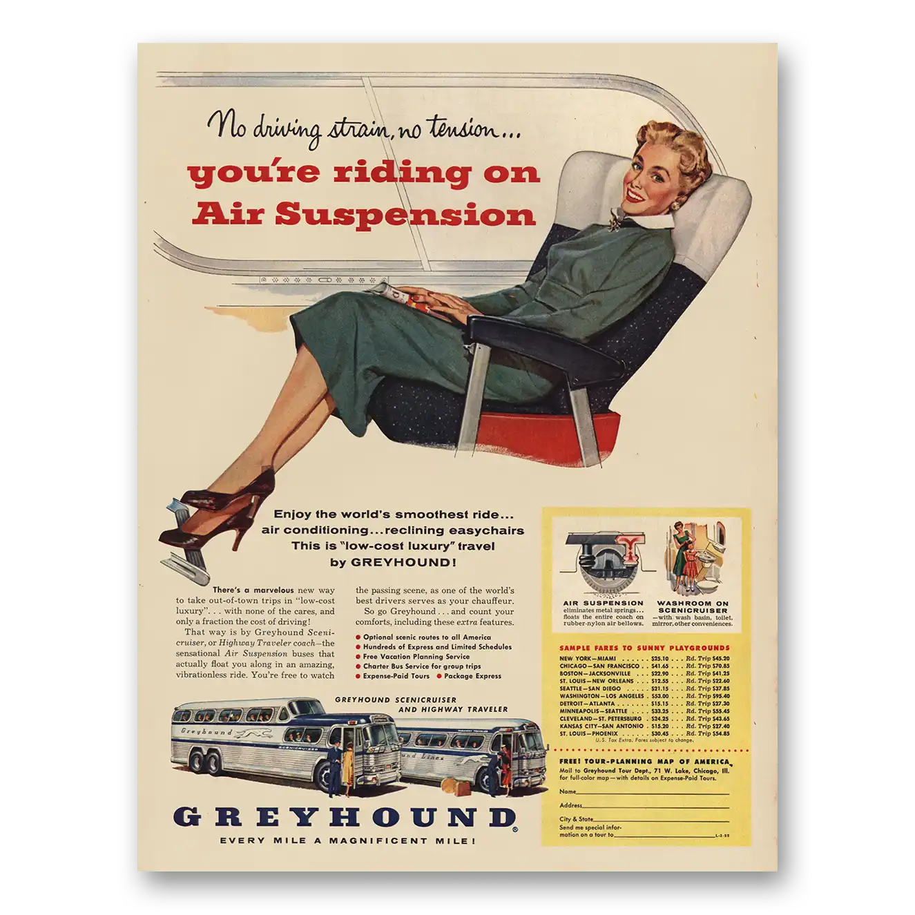 1955 Greyhound Riding On Air Suspension Vintage Magazine Print Ad