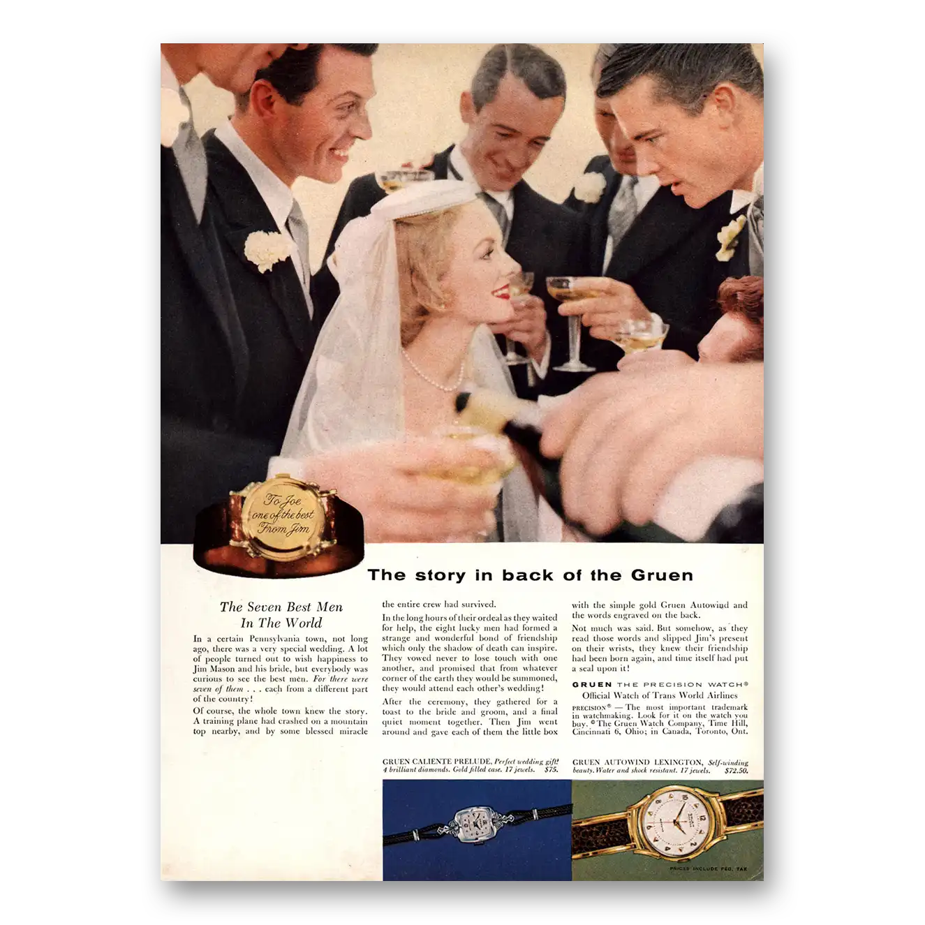 1955 Gruen Watch Story In Back of the Gruen Bride Vintage Magazine Print Ad