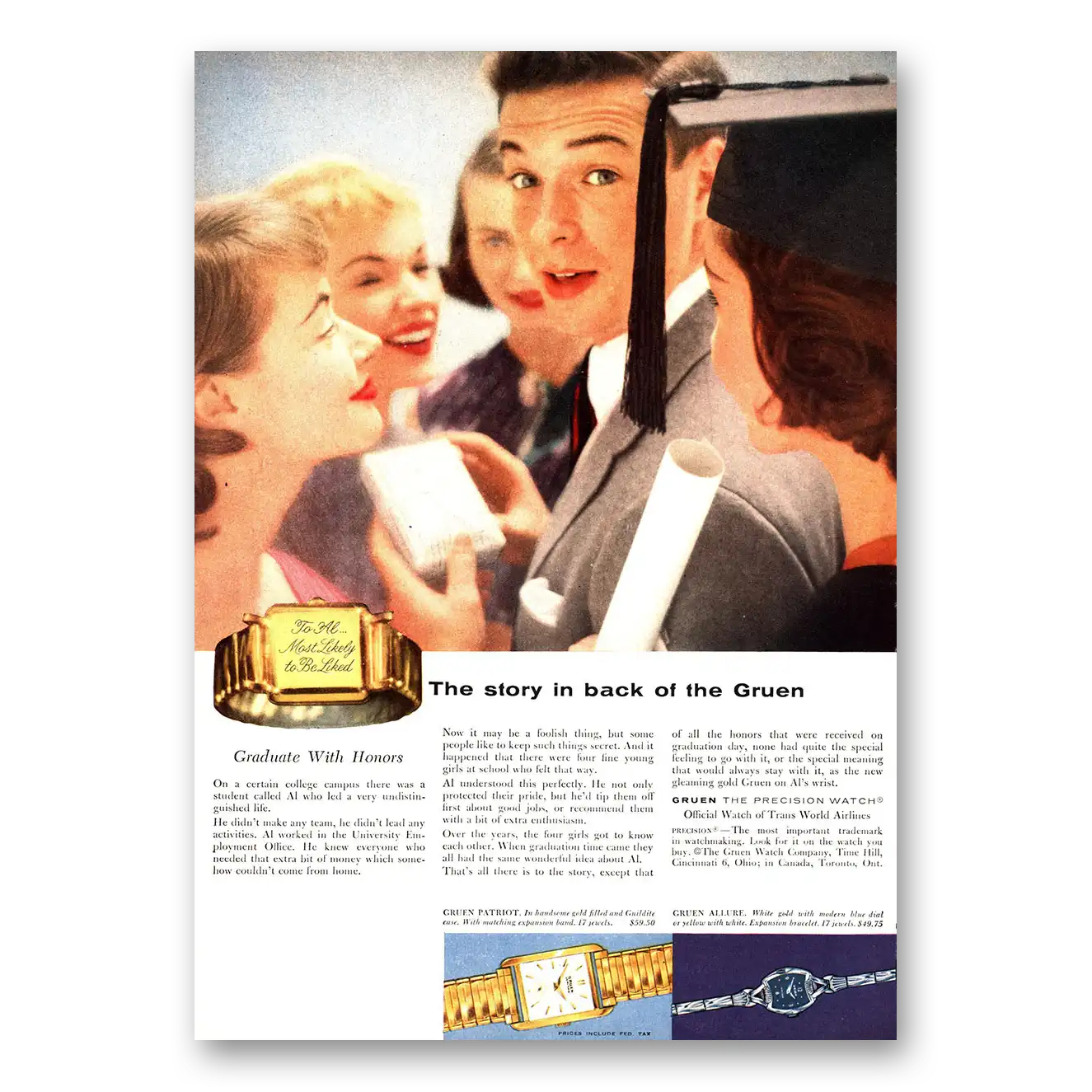 1955 Gruen Watch Story In Back Vintage Magazine Print Ad