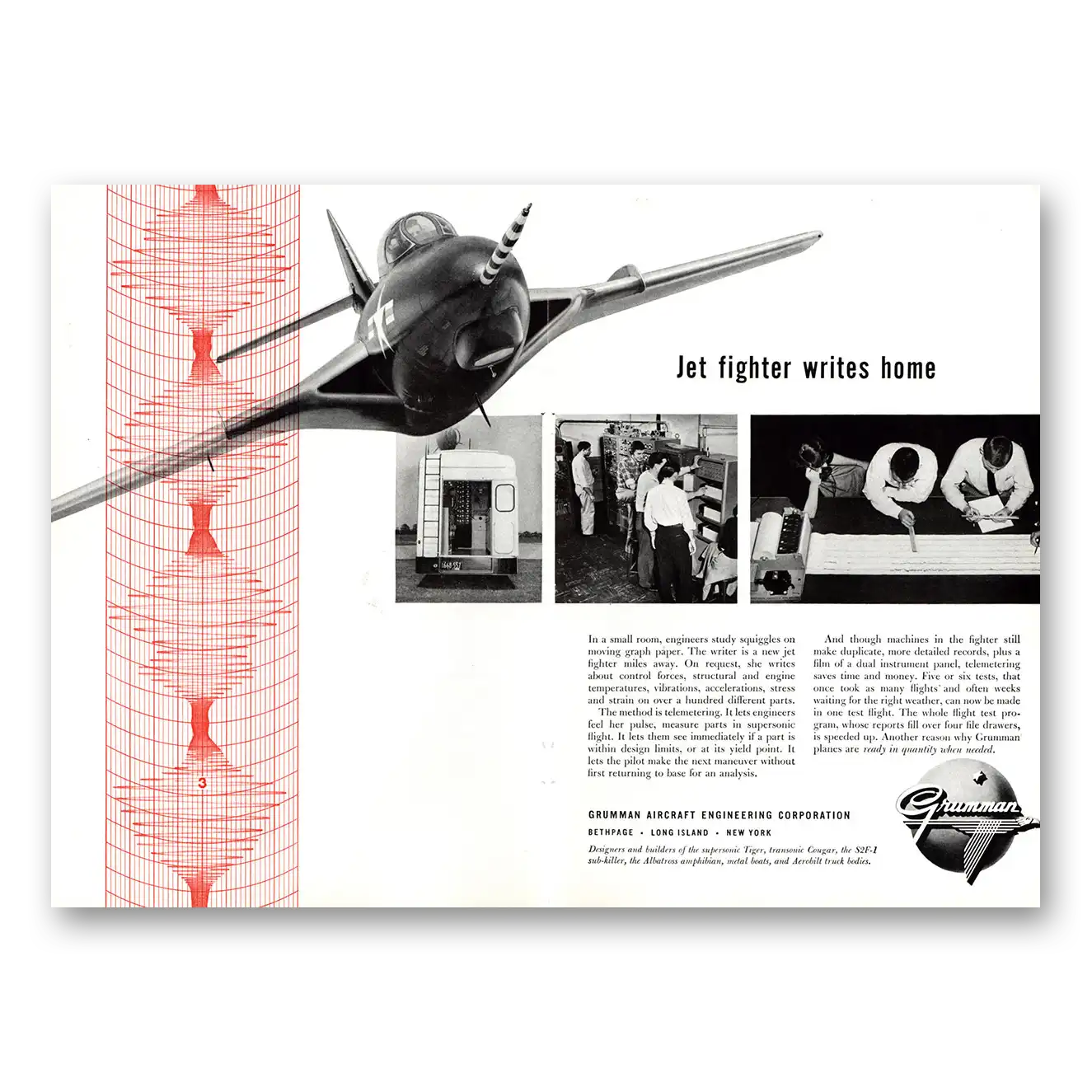 1955 Grumman Jet Fighter Writes Home Vintage Magazine Print Ad