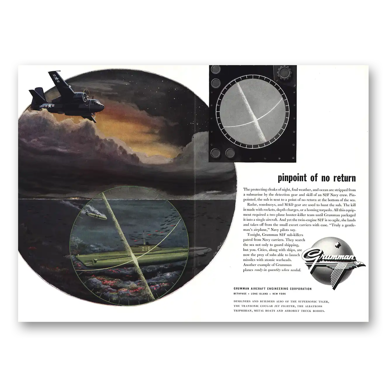 1955 Grumman Pinpoint of No Return Vintage Magazine Print Ad