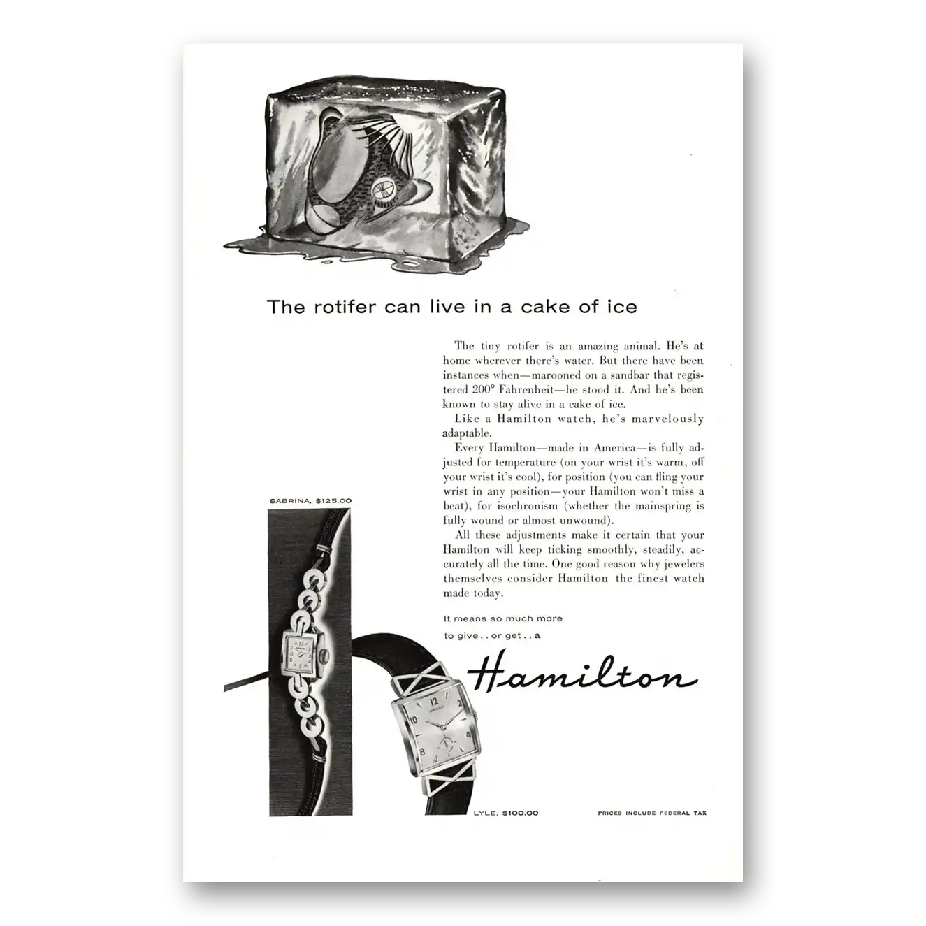 1955 Hamilton Watch Rotifer Can Live in a Cake of Ice Vintage Magazine Print Ad