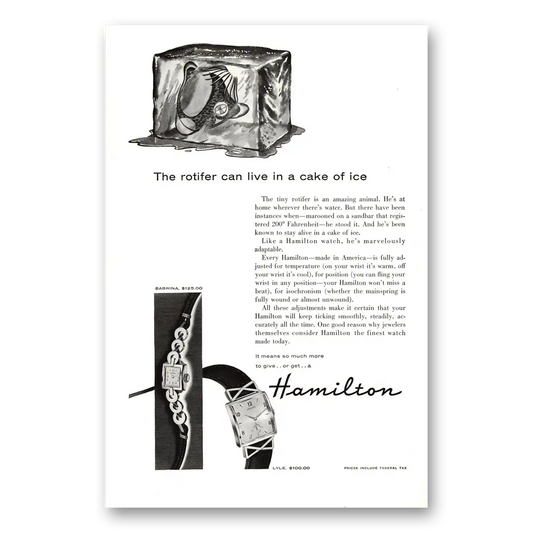 1955 Hamilton Watch Rotifer Can Live in a Cake of Ice Vintage Magazine Print Ad