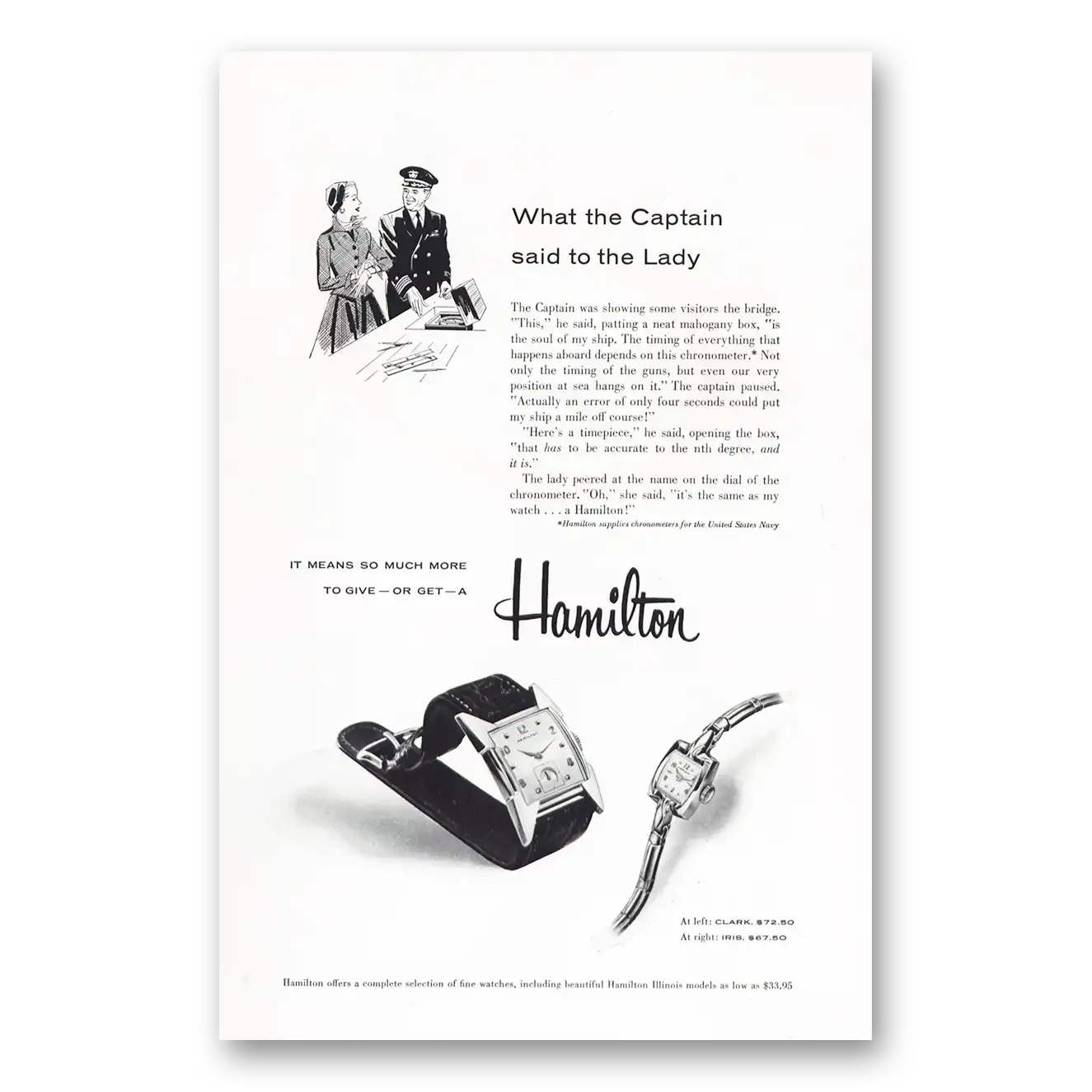 1955 Hamilton Watch What the Captain Said to the Lady Vintage Magazine Print Ad