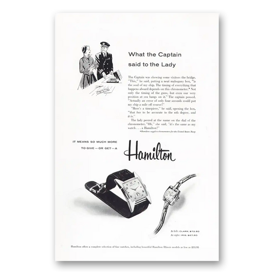 1955 Hamilton Watch What the Captain Said to the Lady Vintage Magazine Print Ad