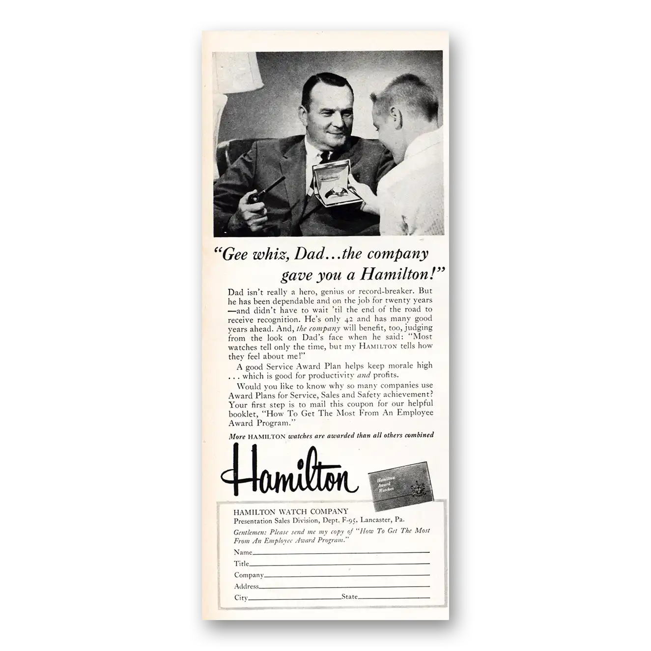 1955 Hamilton Watch Gee Whiz Dad Vintage Magazine Print Ad