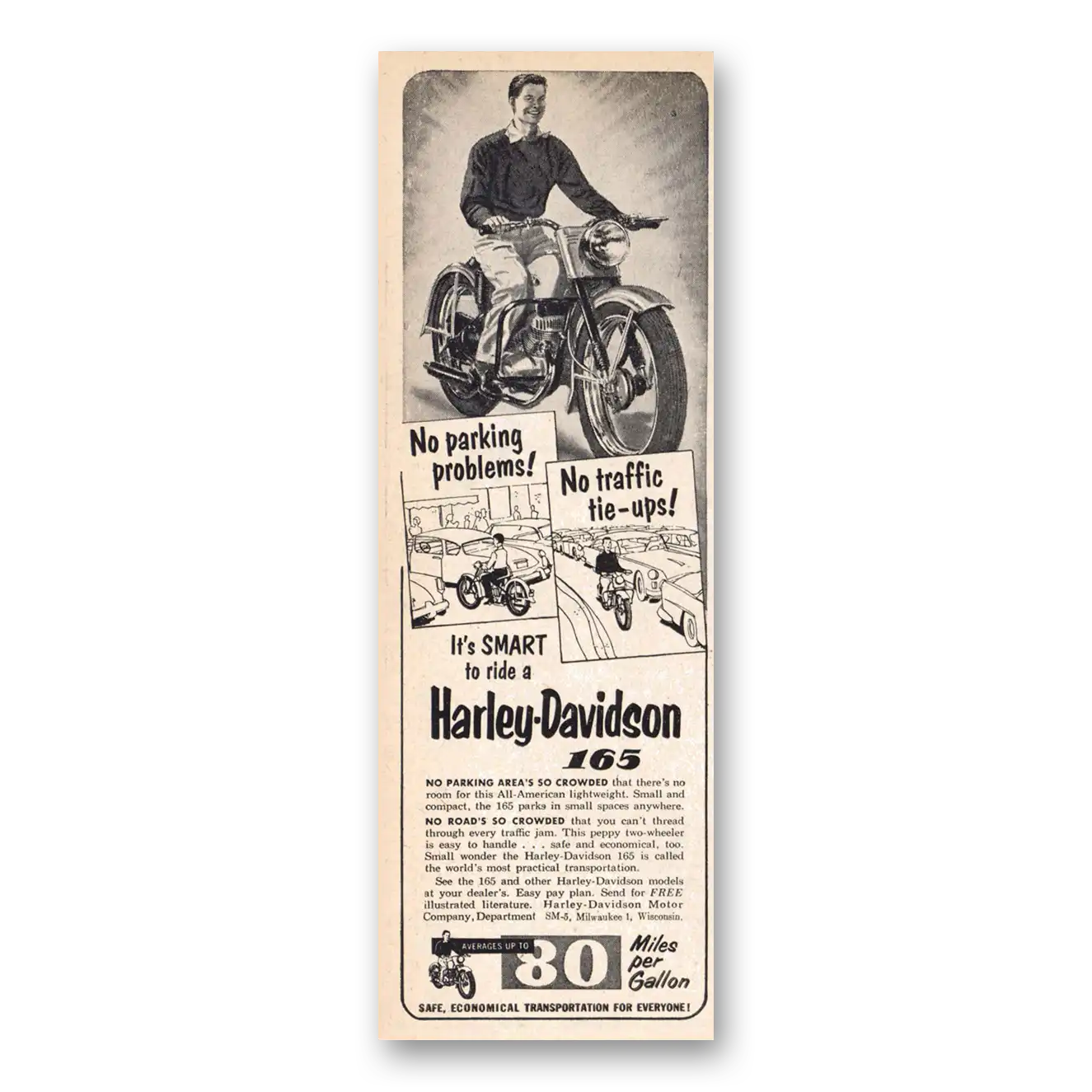 1955 Harley Davidson 165 No Parking Problems No Traffic Tie Ups Vintage Magazine Print Ad