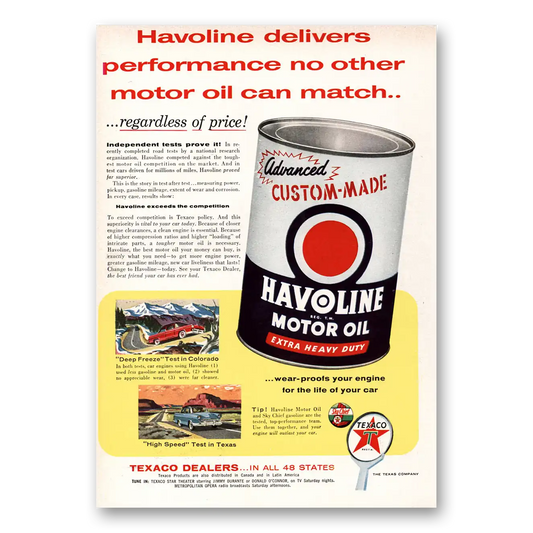 1955 Havoline Motor Oil Delivers Performance Vintage Magazine Print Ad