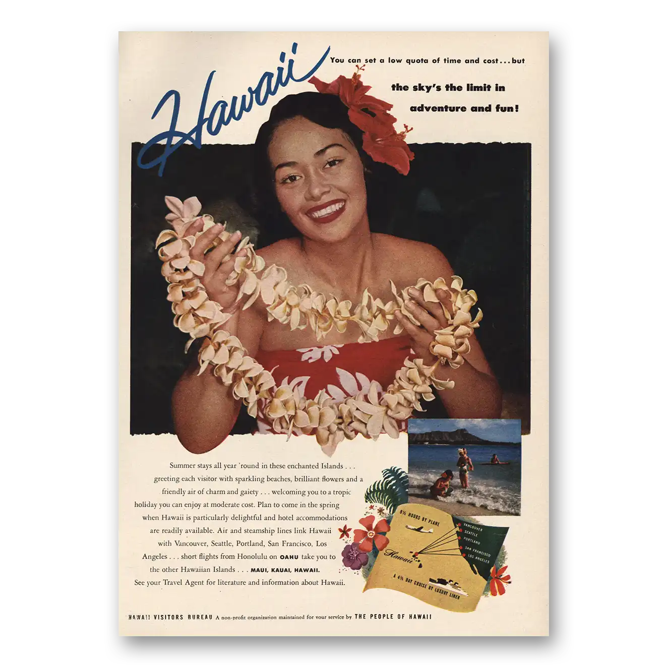 1955 Hawaii Skys the Limit In Adventure and Fun Vintage Magazine Print Ad