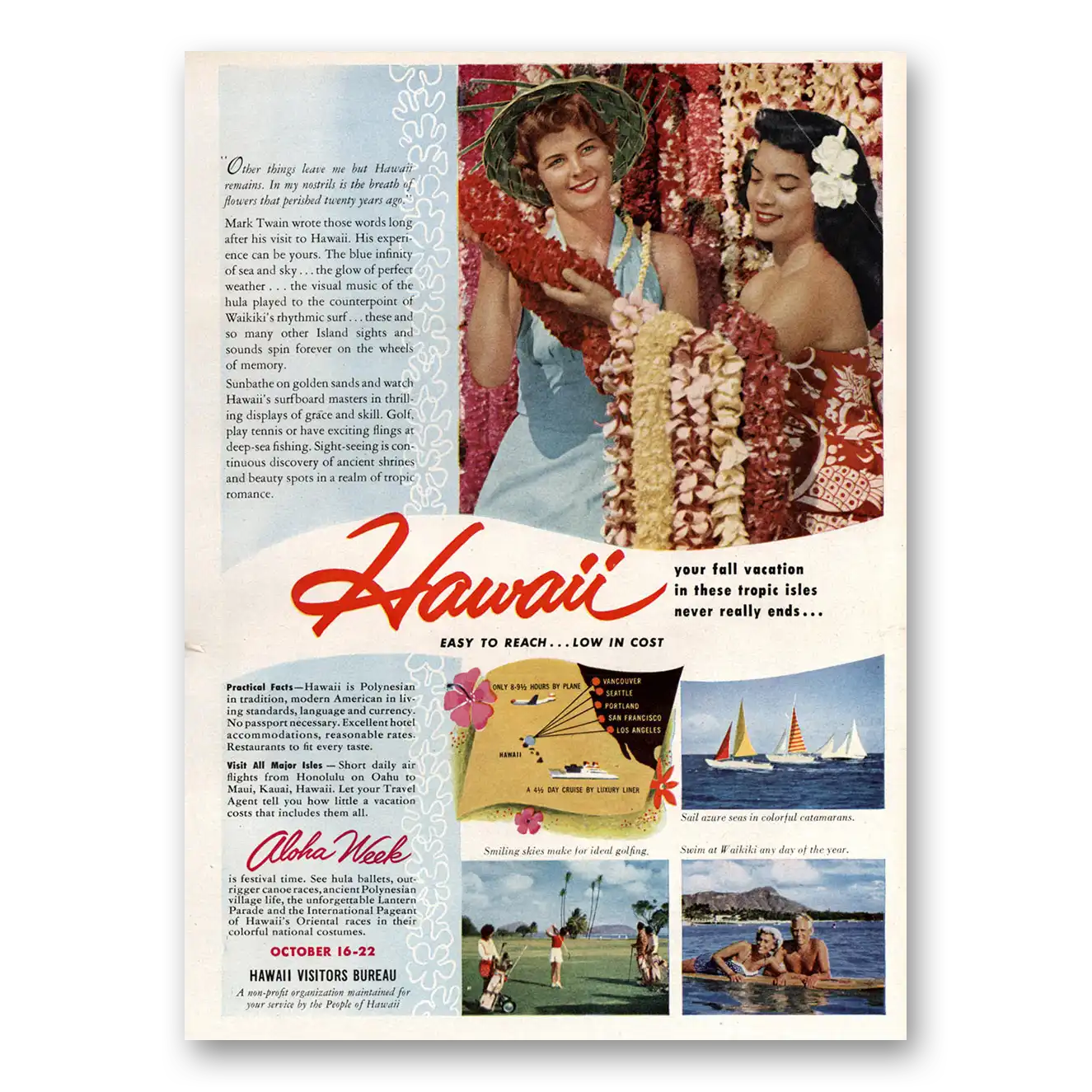 1955 Hawaii Fall Vacation In These Tropic Isles Vintage Magazine Print Ad