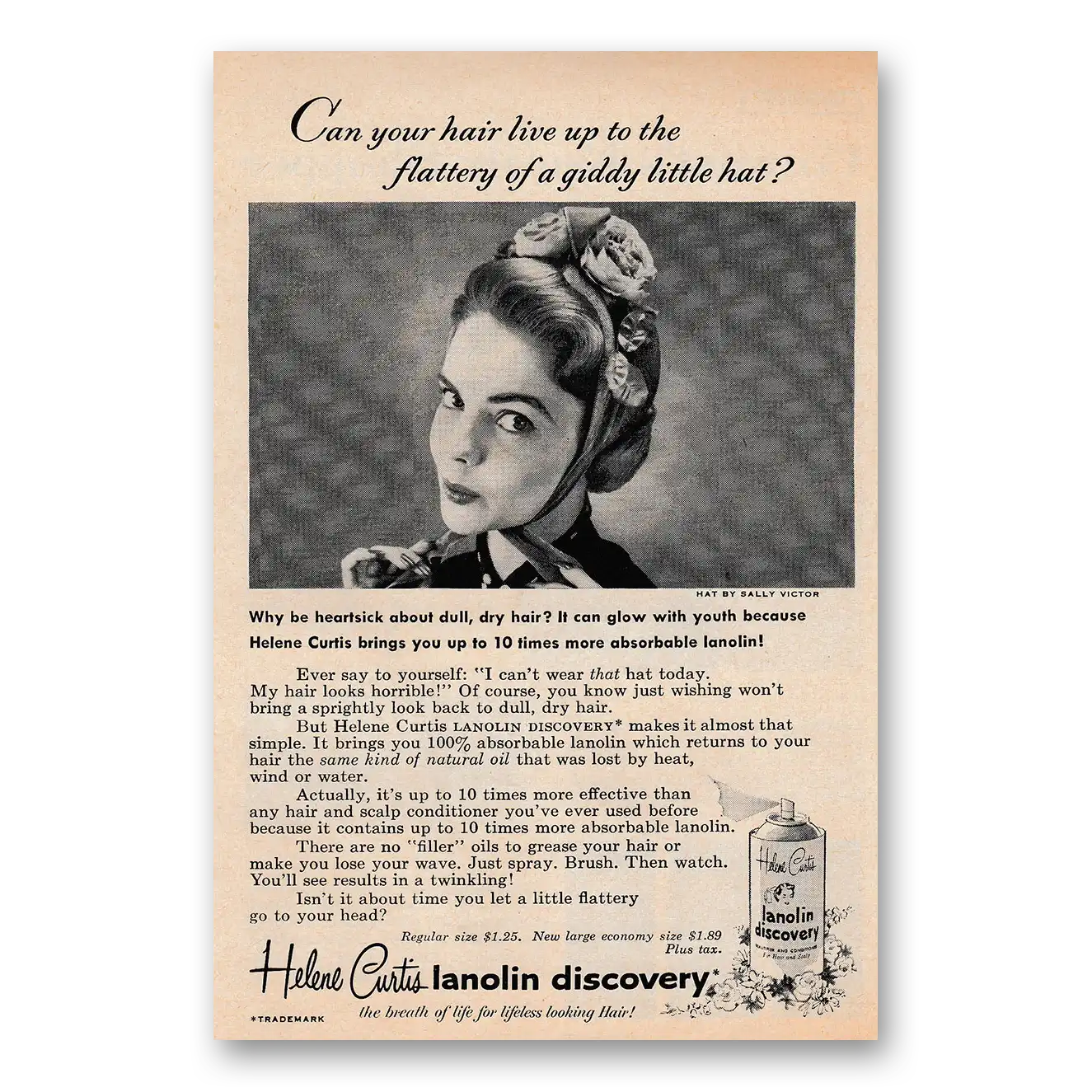 1955 Helene Curtis Lanolin Discovery Giddy Little Hat Heartsick Vintage Magazine Print Ad