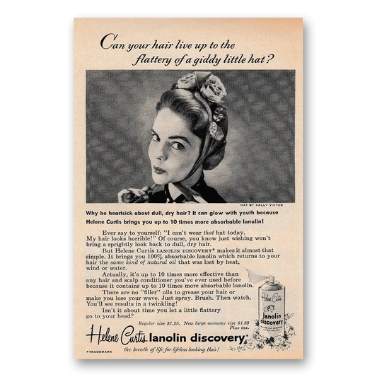 1955 Helene Curtis Lanolin Discovery Giddy Little Hat Heartsick Vintage Magazine Print Ad