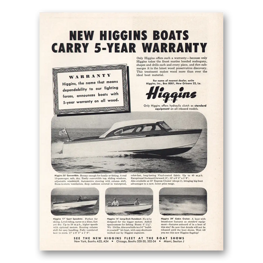 1955 Higgins Boats Dependability to Fighting Forces Vintage Magazine Print Ad