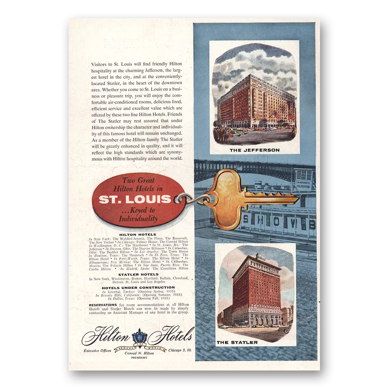 1955 Hilton Hotels St Louis Vintage Magazine Print Ad