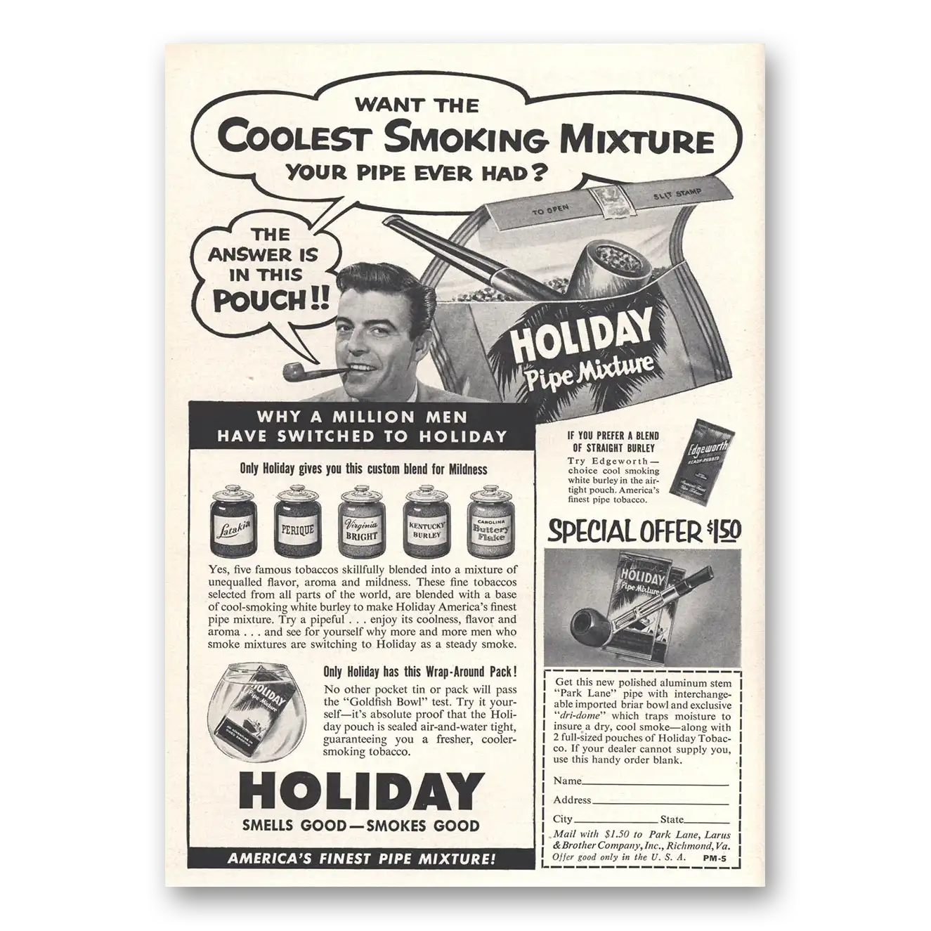 1955 Holiday Pipe Mixture Coolest Smoking Mixture Vintage Magazine Print Ad