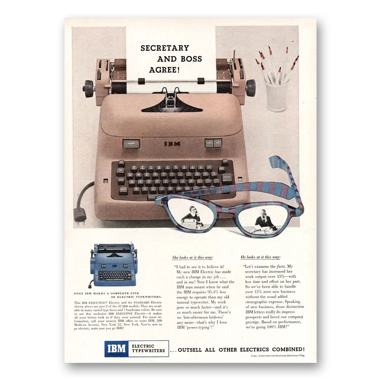 1955 IBM Electric Typewriter Secretary and Boss Agree Vintage Magazine Print Ad