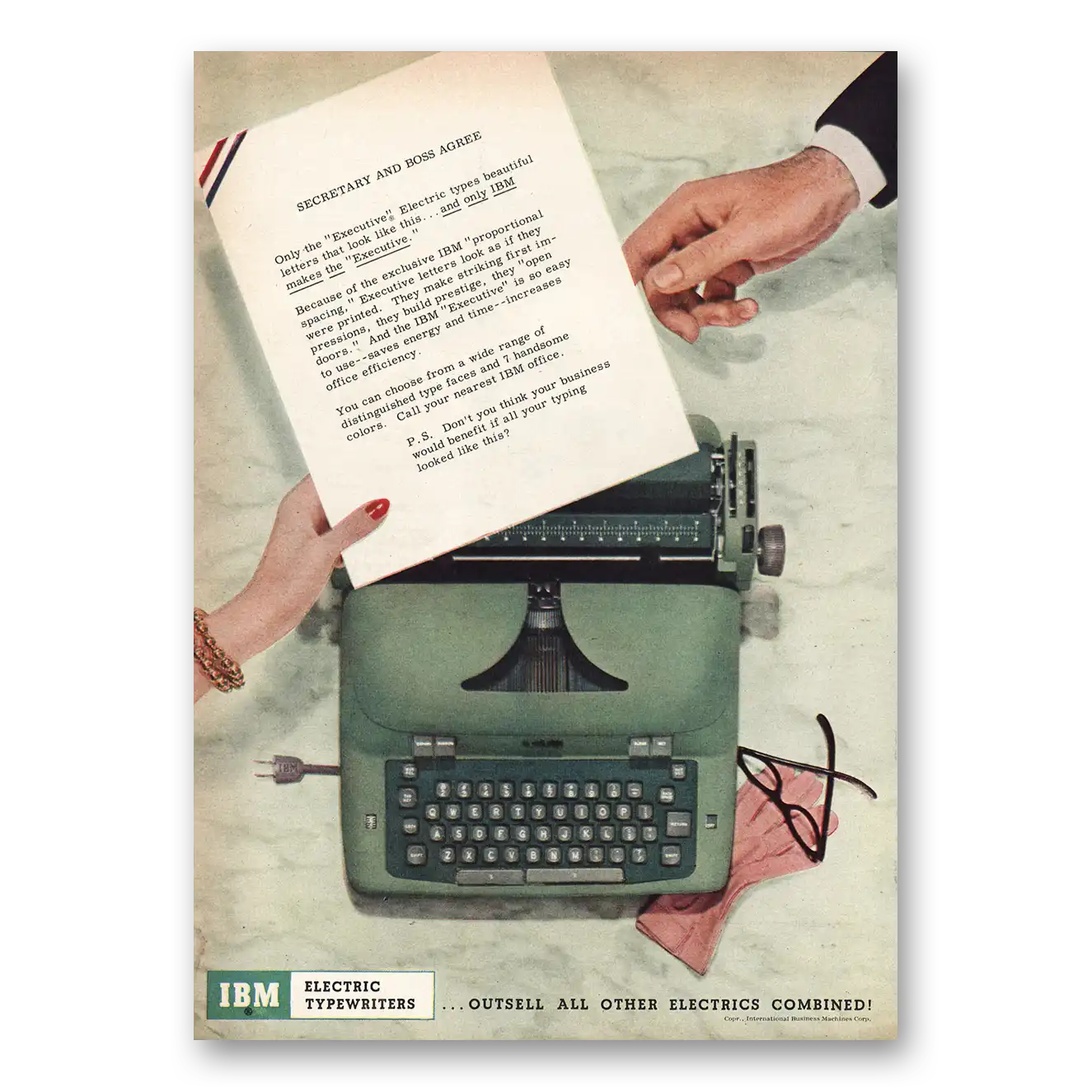 1955 IBM Electric Typewriter Secretary and Boss Agree Vintage Magazine Print Ad