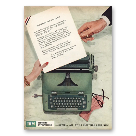 1955 IBM Electric Typewriter Secretary and Boss Agree Vintage Magazine Print Ad