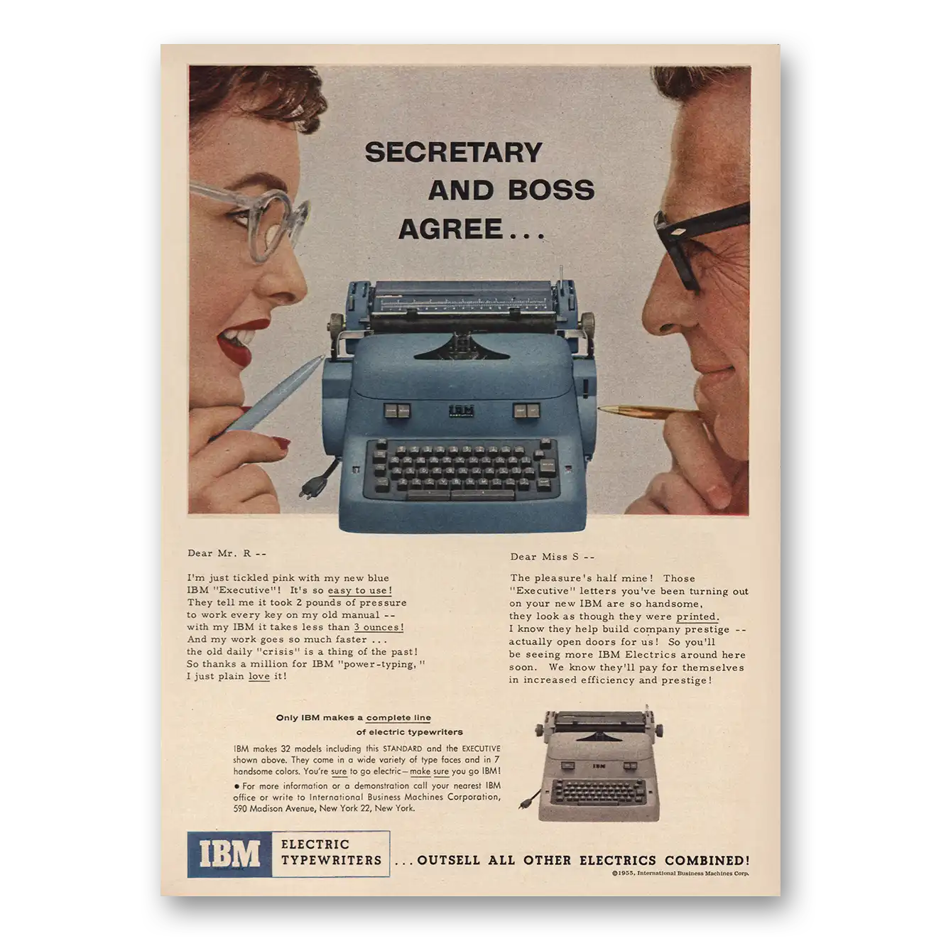 1955 IBM Electric Typewriter Secretary and Boss Vintage Magazine Print Ad