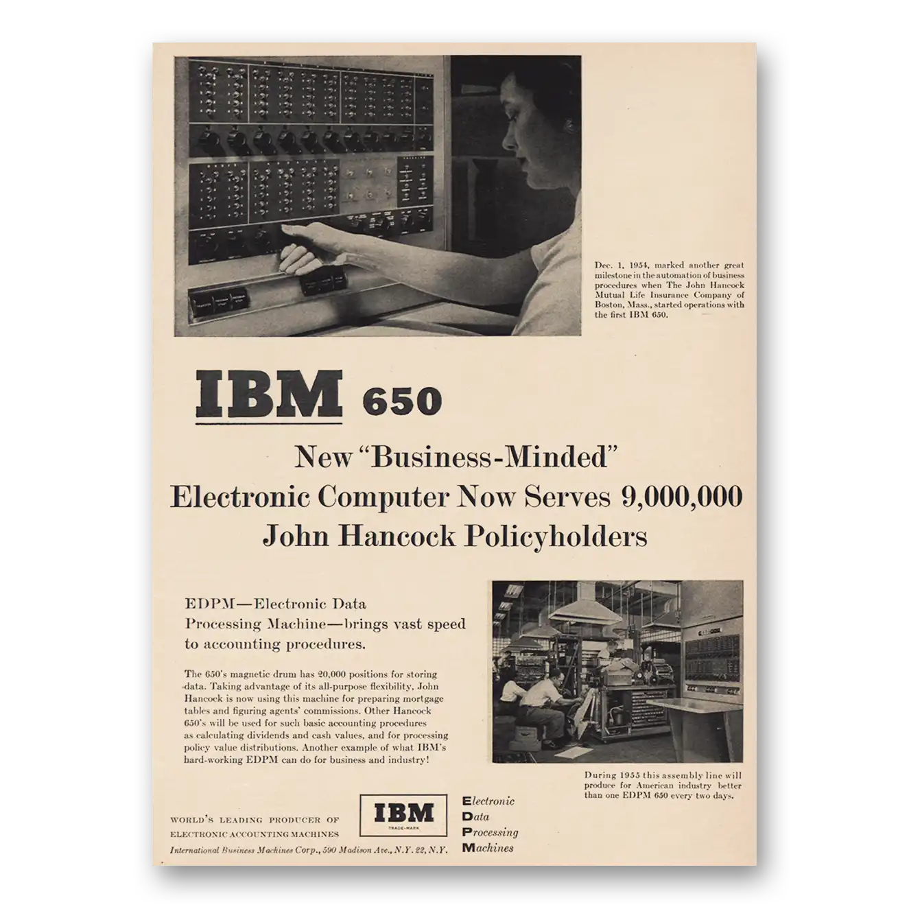 1955 IBM Business Minded Computer John Hancock Vintage Magazine Print Ad