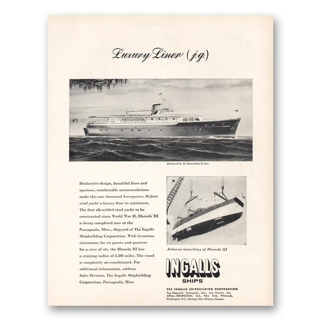 1955 Ingalls Shipbuilding Luxury Liner Rhonda III Vintage Magazine Print Ad