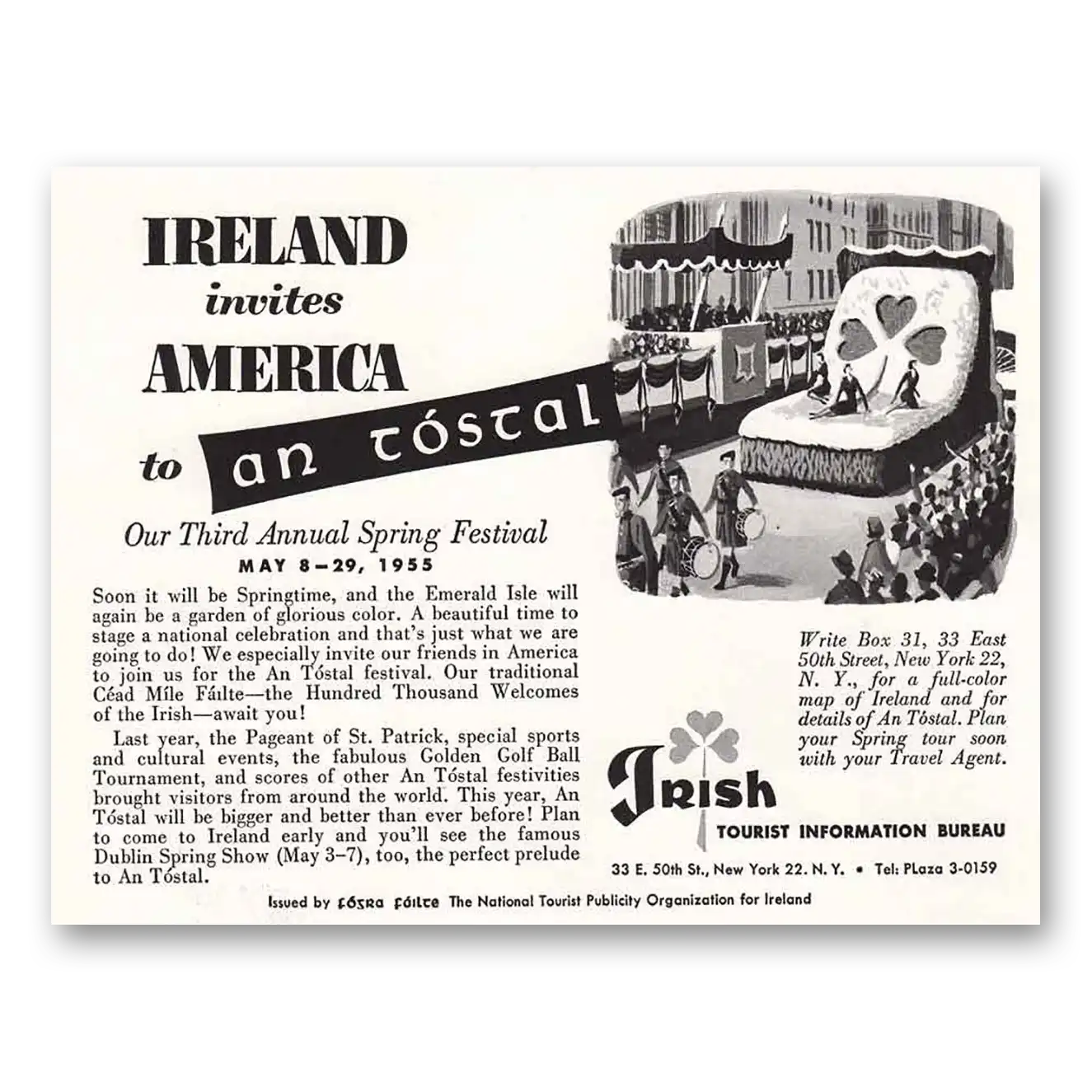 1955 Ireland Invites American to an Tostal Vintage Magazine Print Ad