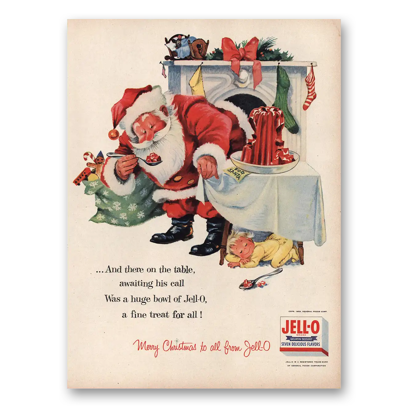 1955 Jell-O There On the Table Awaiting His Call Santa Claus Vintage Magazine Print Ad