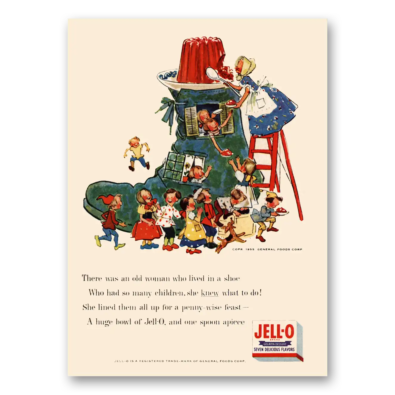 1955 Jell-O There Was An Old Woman Who Lived In a Shoe Vintage Magazine Print Ad