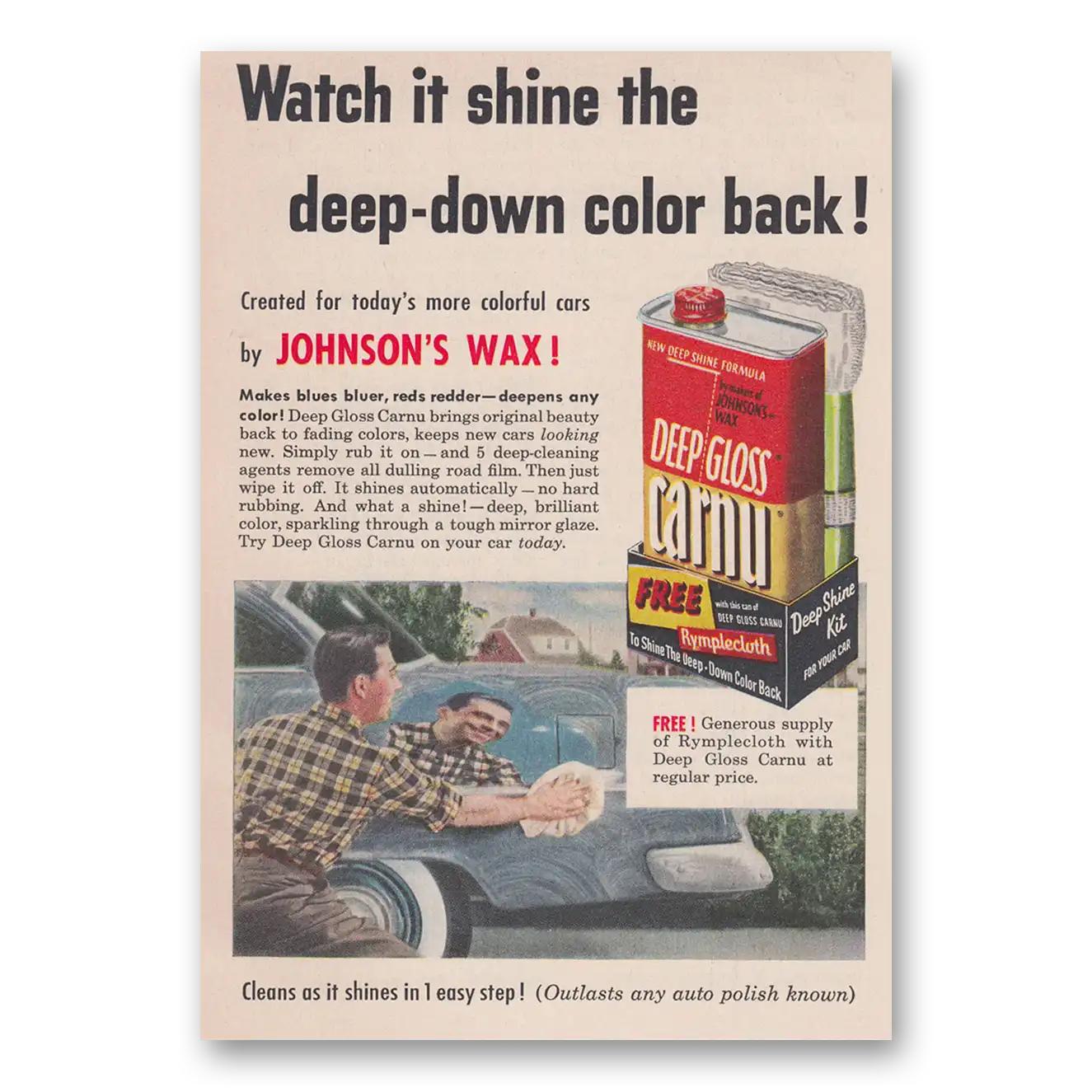 1955 Johnsons Wax It Shine the Deep Down Color Back Vintage Magazine Print Ad