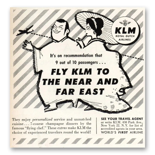 1955 KLM Royal Dutch Airlines Fly KLM to Near and Far East Vintage Magazine Print Ad