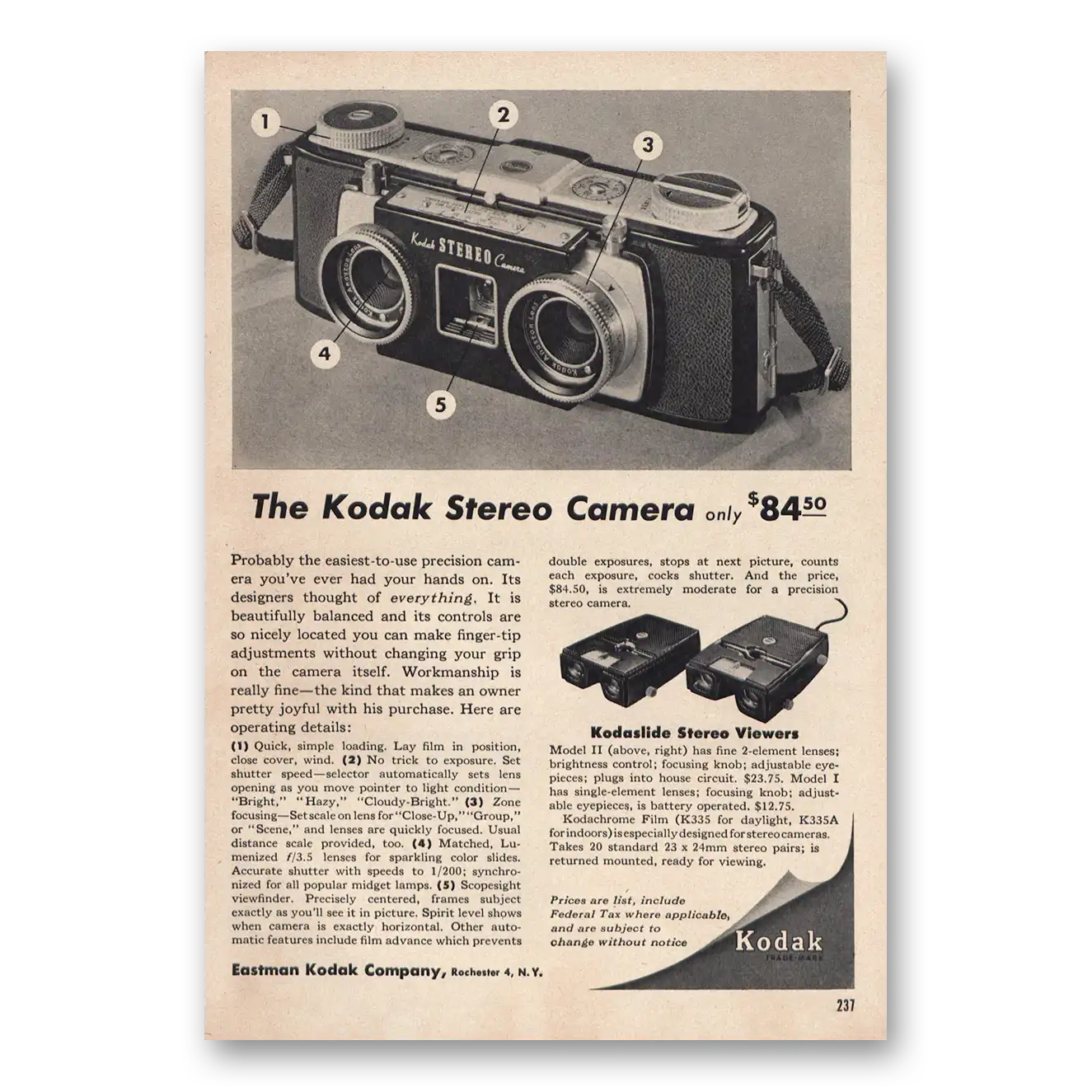 1955 Kodak Stereo Camera Easiest to Use Precision Camera Vintage Magazine Print Ad