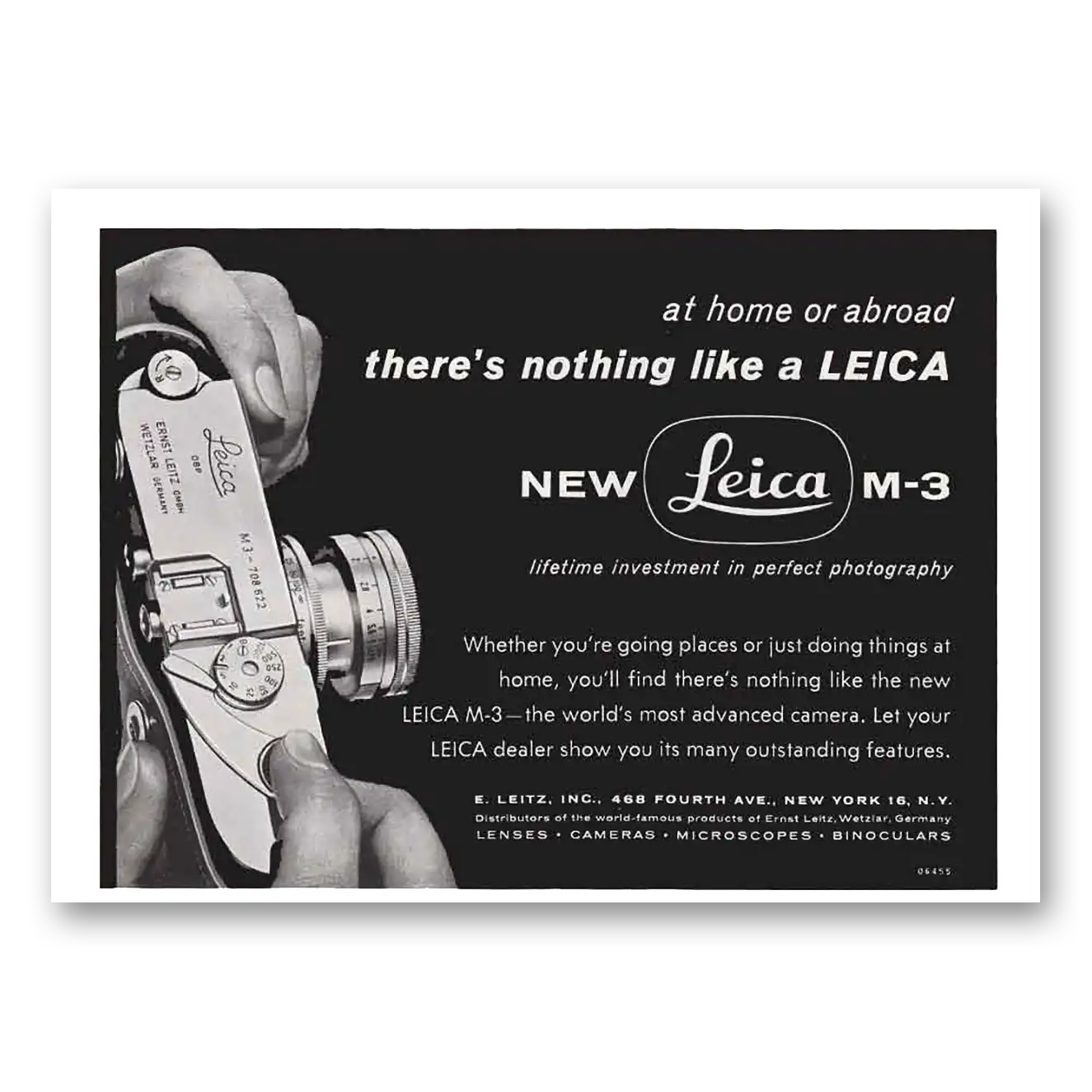 1955 Leica Cameras At Home or Abroad Vintage Magazine Print Ad