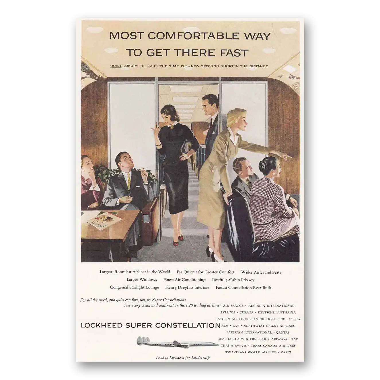 1955 Lockheed Super Constellation Most Comfortable Way To Get There Fast Vintage Magazine Print Ad