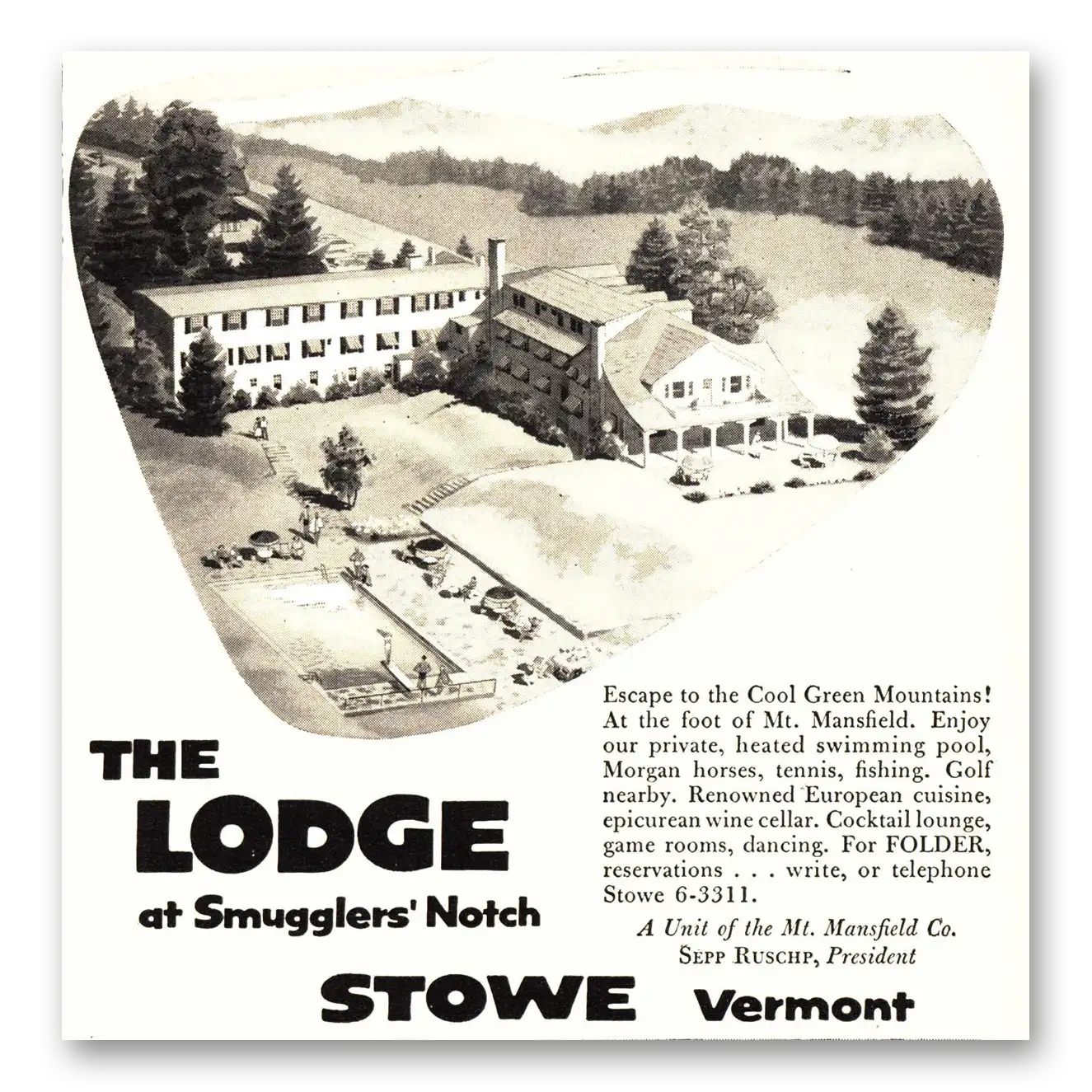 1955 Lodge at Smugglers Notch Stowe Vermont Vintage Magazine Print Ad