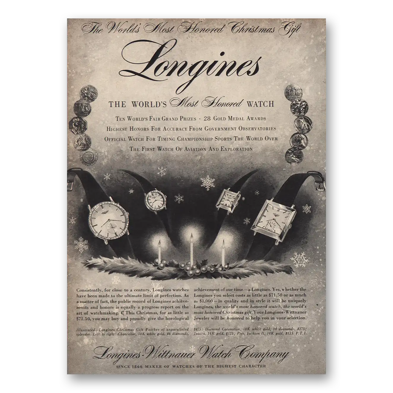 1955 Longines Wittnauer Most Honored Christmas Gift Vintage Magazine Print Ad