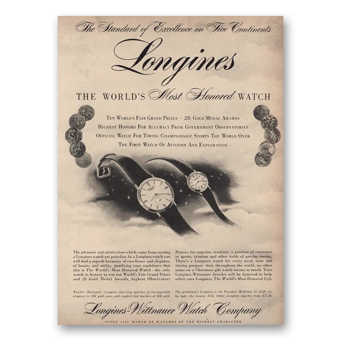 1955 Longines Wittnauer Five Continents Vintage Magazine Print Ad