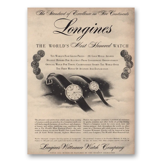 1955 Longines Wittnauer Five Continents Vintage Magazine Print Ad